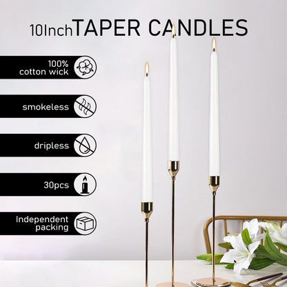 Wfmolcand 30 Pack of 10 Inch White Unscented Taper Candles-8 Hour Long Burning Dripless Table Candles for Wedding, and Home Decoration