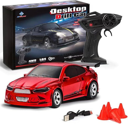 1/64 Scale 2.4G High Speed Drift RC Car Remote Control Drift 4WD Mini Lights System Desktop Drift Car for Adults (Red)