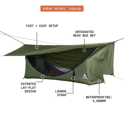 Haven Tent Original Lay-Flat Hammock Tent (Forest Green) – Comfortable Waterproof Camping Hammock with Mosquito Net – Includes Insulated Sleeping Pad & Rainfly