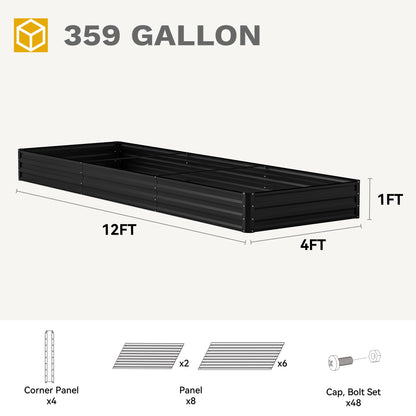 DWVO 12 x 4 x 1 FT Raised Garden Bed Kit, Outdoor Galvanized Flower Bed with Safety Rubber and Gloves, Large Metal Planter Box for Vegetables, Flowers, Herbs, Fruits, Black