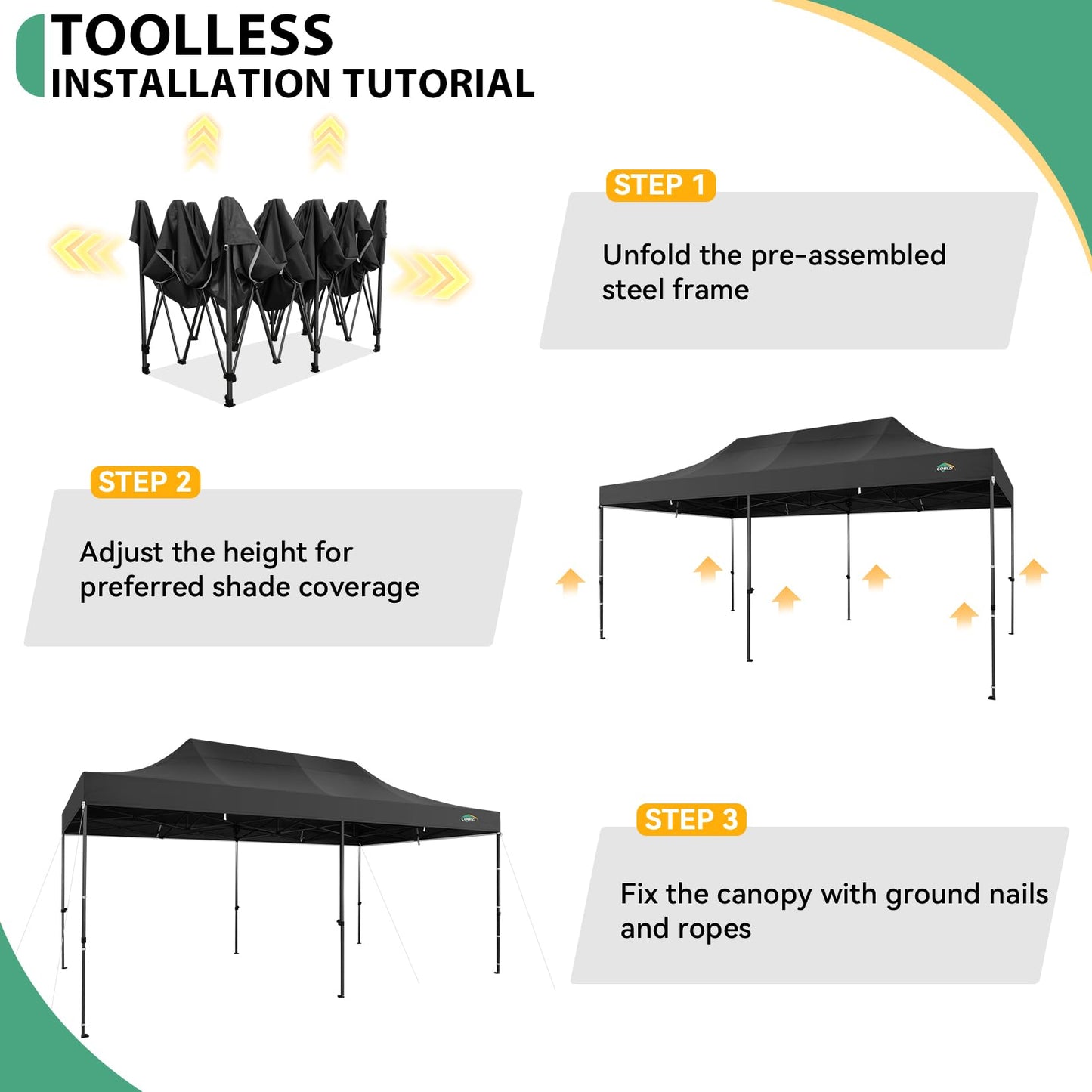 COBIZI 10x20 Heavy Duty Pop Up Canopy Tent with 6 Sidewalls Thicken Frame, Commercial Easy Up Outdoor Wedding Party Tents, All Season Waterproof Windproof with Stakes Sandbags Ropes Roller Bag, Black