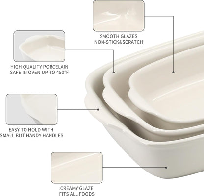 Skiennix 3-Pack Ceramic Baking Dishes Set - Heavy-Duty Oven-Safe Stoneware | Deep Rectangular Casserole Pans (13.8''/12''/9.6'' Pure Off-White)