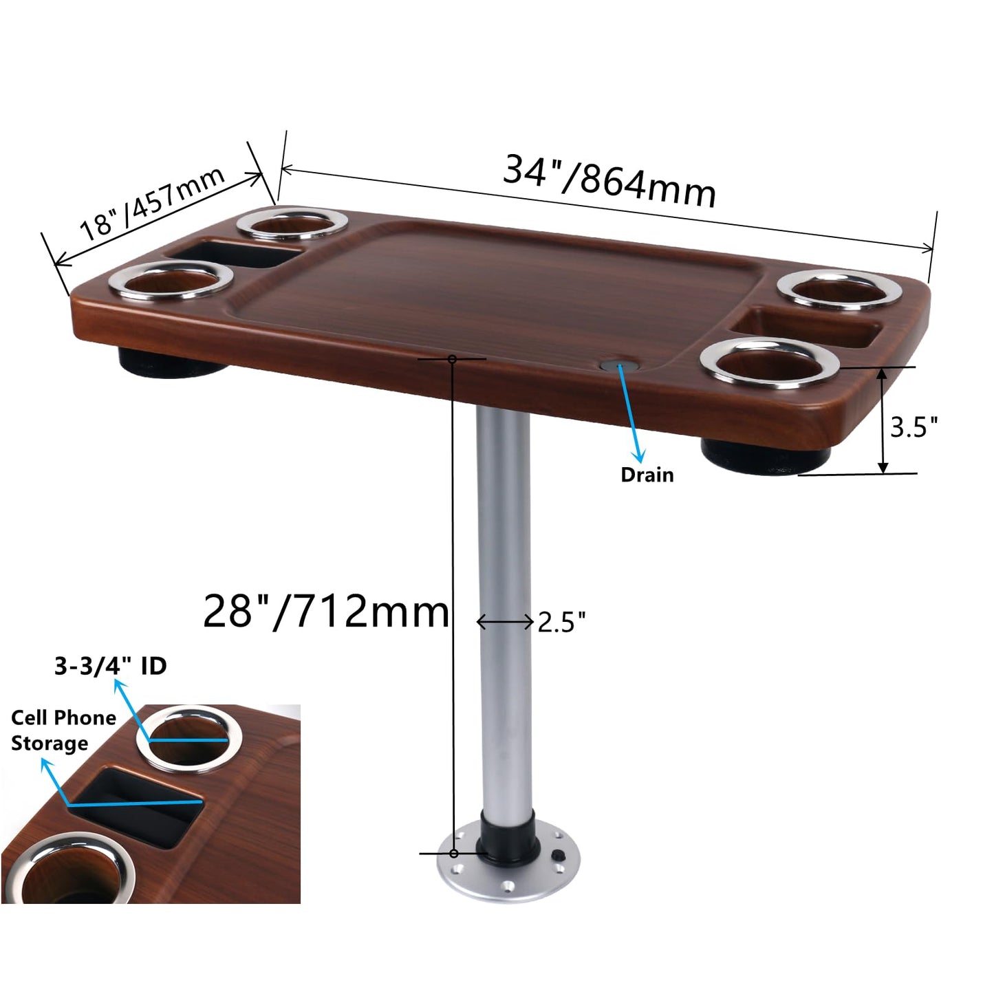 Pontoon Boat Table Set, 18"x34" Large Party Table with 2.5" Aluminum Pedestal Leg, 4 Yeti-Size Drink Holders & 2 Phone Slots – UV Resistant, Wobble-Free (Burylywood/Silver)