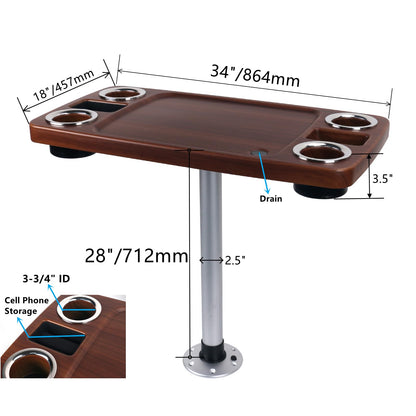 Pontoon Boat Table Set, 18"x34" Large Party Table with 2.5" Aluminum Pedestal Leg, 4 Yeti-Size Drink Holders & 2 Phone Slots – UV Resistant, Wobble-Free (Burylywood/Silver)