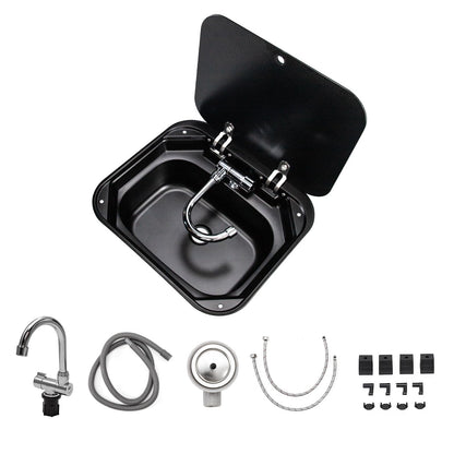 RV Camper Sink，Portable Small Bar 16.54×14.57×5.91 Inch Collapsible Wash Basin Black Kitchen Sink with Faucet Tempered Glass Lid Van Camper Trailer Accessories