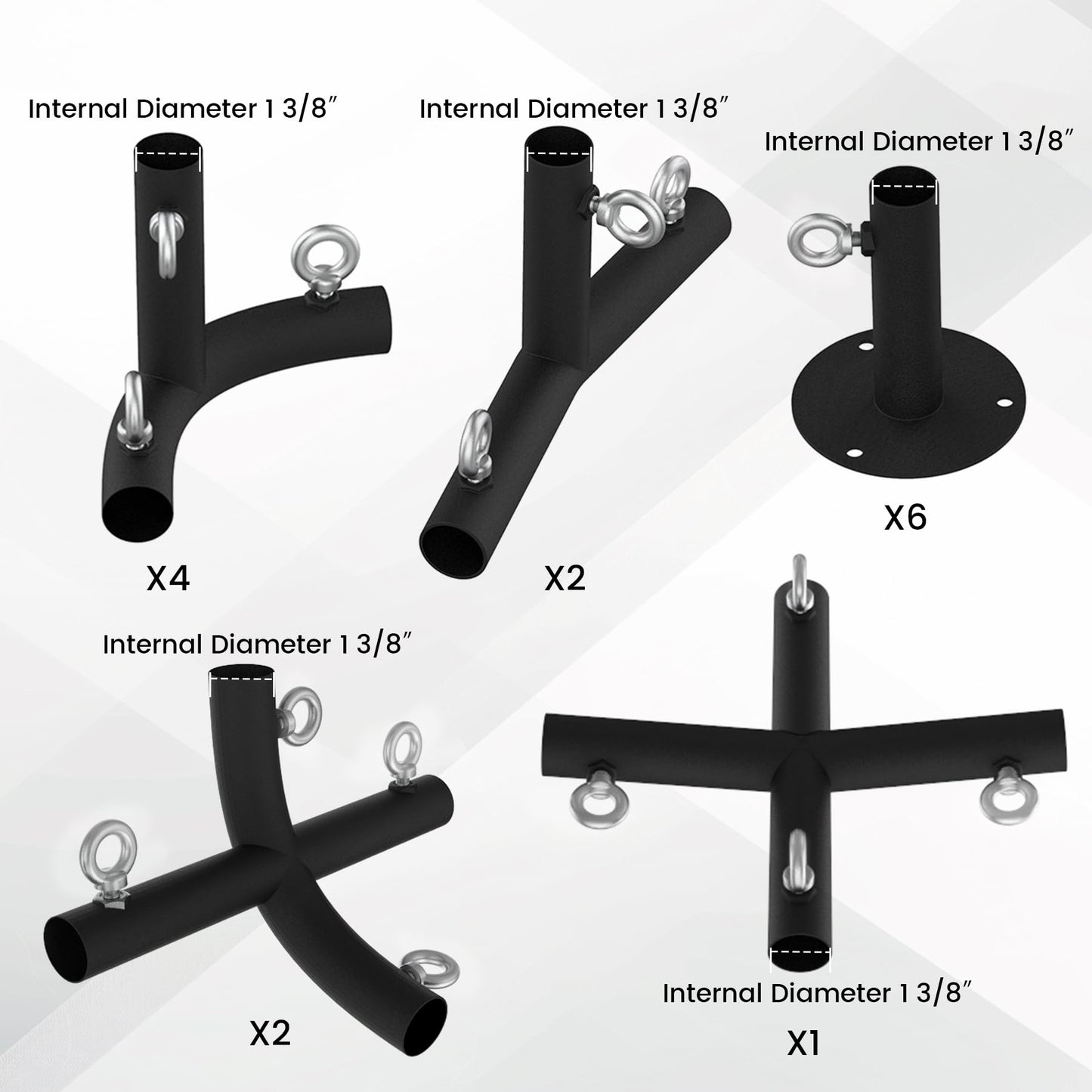 Neorexon 1 3/8'' Canopy Fittings for 6 Leg Carport Frame Parts, Black Canopy Pipe Fittings with Eye Bolts, Carport Frame Kit Low Peak Connectors with 156 Degree Angle(15Pcs)
