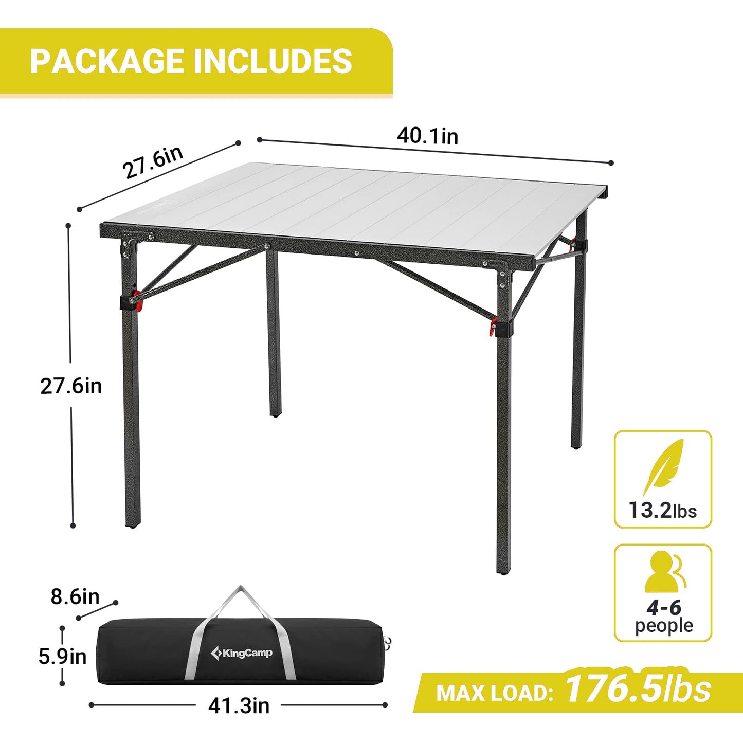 KingCamp Lightweight Compact Stable Aluminum Alloy Folding Roll 4-6 Person for Picnic, Camping, Barbecue and Party,Portable Multi-Functional Table with Carry Bag, Black/Silver_40.1"x27.6",4-5person