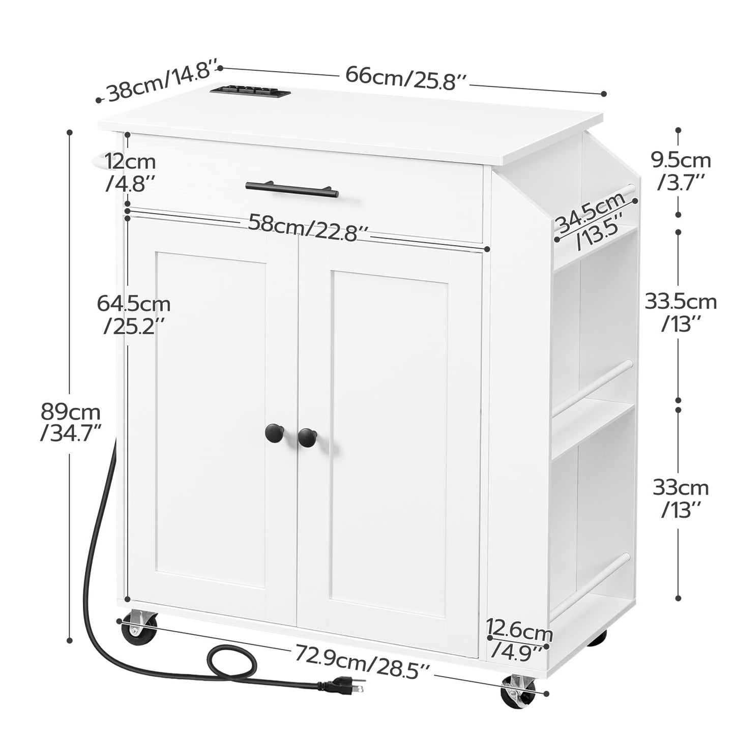 HOOBRO Kitchen Island with Power Outlet, Kitchen Storage Island with Spice Rack and Drawer, Rolling Kitchen Cart on Wheels, for Home, Kitchen and Dining Room, White WT82UZD01G1