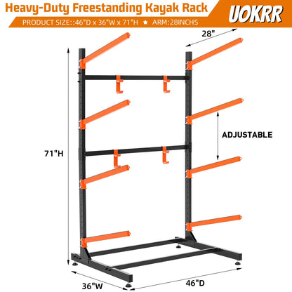 UOKRR 4 Kayak Storage Rack, Freestanding Kayak Racks for Garage, Heavy Duty Adjustable Kayak Stand Indoor Outdoor Storage Rack for Kayaks, Canoes, Surfboard & Paddleboard (4 Levels with paddle hook)