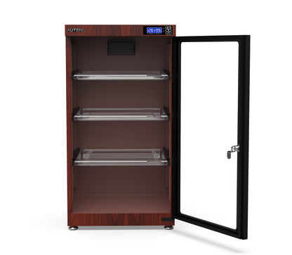 AUTENS 105L Dehumidifying Dry Cabinet Box, Wood grain Design Digital Control Noiseless and Energy Saving,4 layer for Camera Lens and Electronic Equipment Storage,Temperature Humidity LED Dual Screen