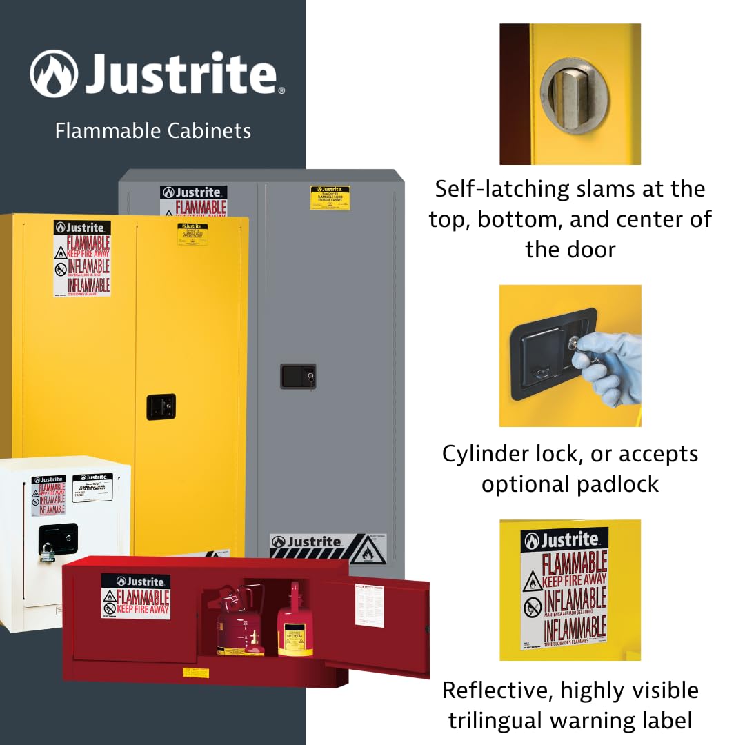 Justrite 12 Gallon Manual Close Piggyback Flammable Storage Cabinet, 18 Gauge Steel, 2 Door Fire Cabinet, 18" x 43" x 18", Made in The USA, Yellow, 891300