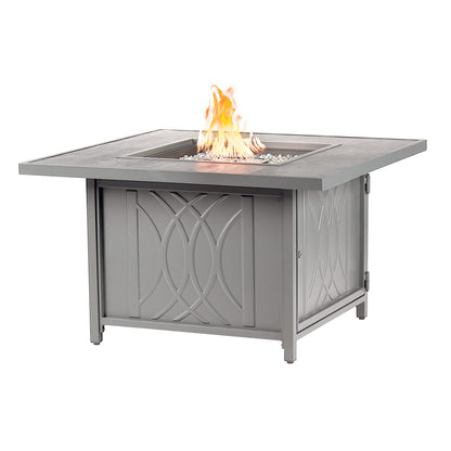 Square 42 in. x 42 in. Aluminum Propane Fire Pit Table with Glass Beads, Two Covers, Lid, 57,000 BTUs in Grey Finish