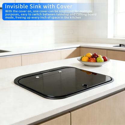 RV Camper Sink，Portable Small Bar 16.54×14.57×5.91 Inch Collapsible Wash Basin Black Kitchen Sink with Faucet Tempered Glass Lid Van Camper Trailer Accessories