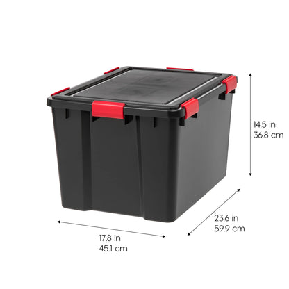 IRIS USA WeatherPro 74 Qt Storage Bins with Lids, 4 Pack, BPA-Free Plastic Gasket Box with Tight Latch and Seal, Stackable Nestable Tote Tub - Black/Red