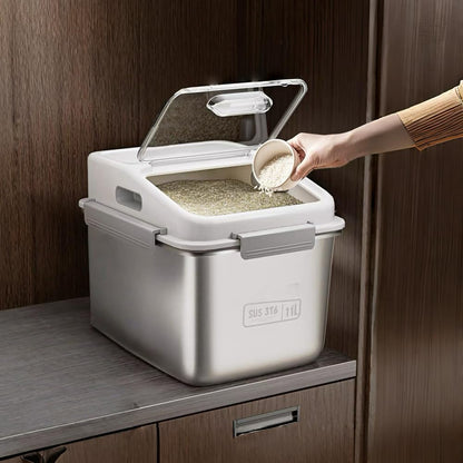 Premium 316 Stainless Steel Airtight Rice Storage Container, Modern Kitchen Organizer,grain bin, 27lb/11L Locking Lid Bin with Silicone Seal -Rice, Flour, Beans & Pet Food Dispenser (Matte Silver)