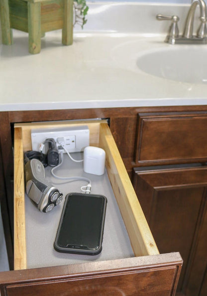 Compact in-Drawer Outlet with Cord Management Arm (2) USB-A Ports (2) 15 Amp Plugs fits Narrow and Shallow Drawers