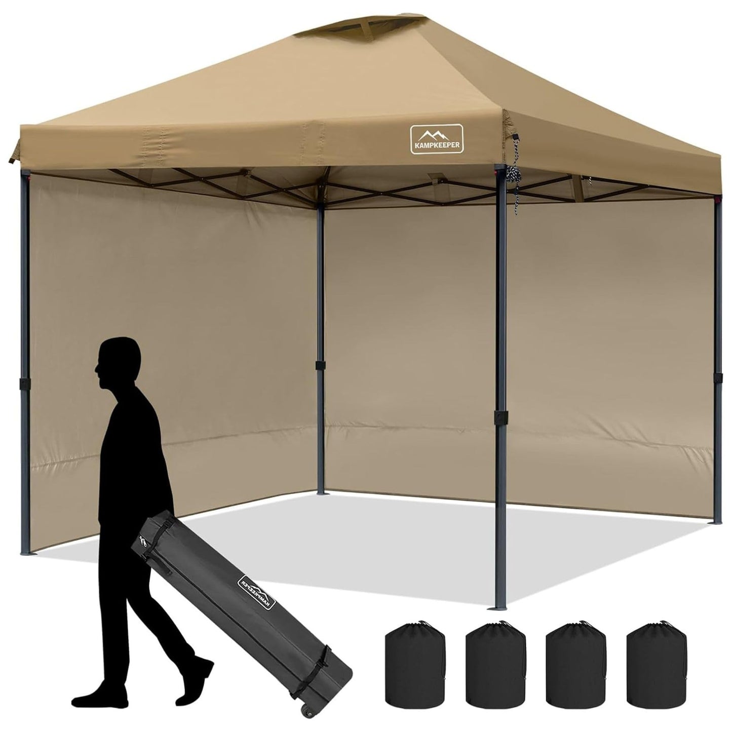 KAMPKEEPER 10x10 Pop-Up Canopy Tent, Waterproof, Portable Shade with Side Walls, Adjustable Instant Outdoor Shelter for Camping, Backyard, and Events, Khaki