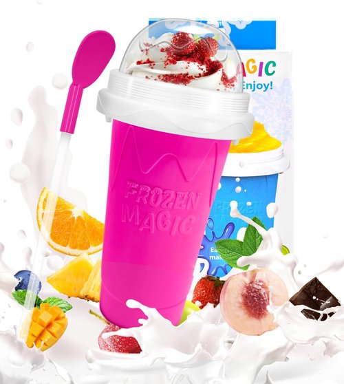 DIY Magic Slushy Maker Cup - Portable Double Layer Silica Slushie Cup with Lid & Straw - Pink