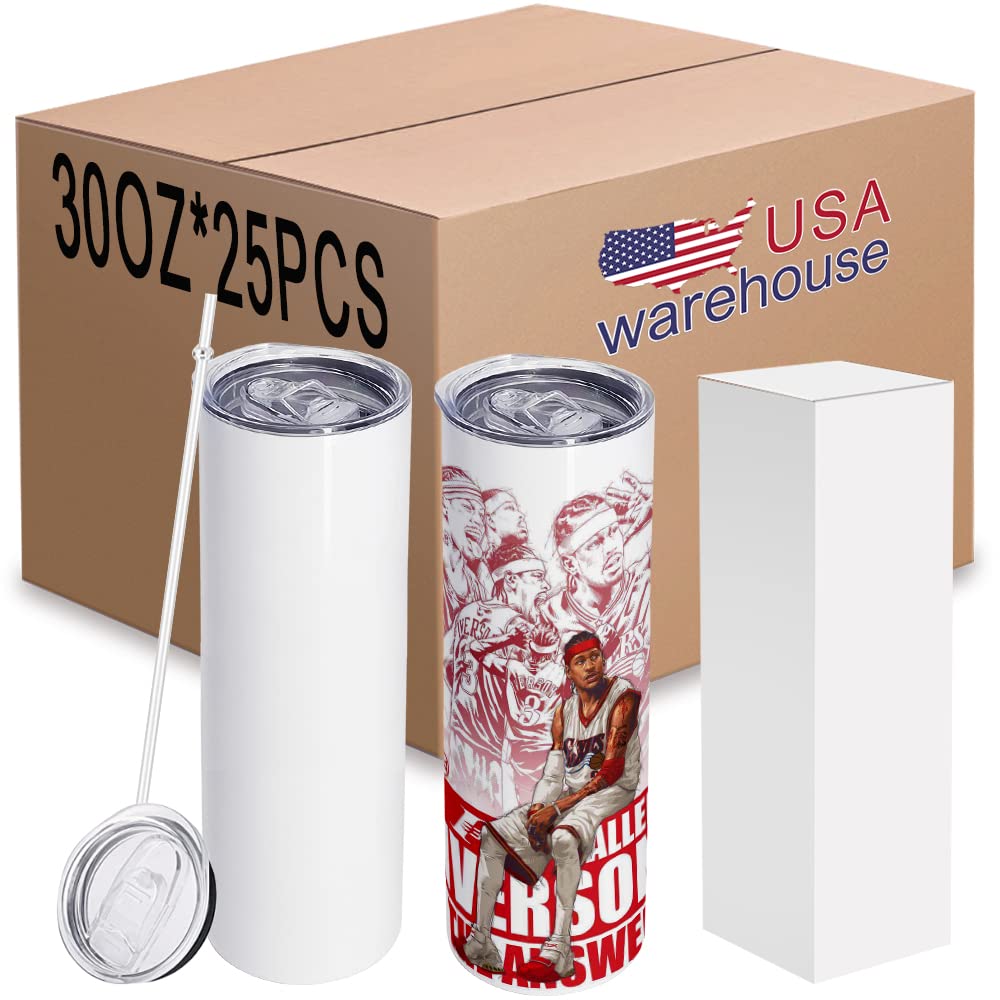 ZREGGUR 25 packs Metal mugs 30 oz sublimation Blanks tumblers skinny straight Double Wall coffee cups stainless steel travel Vacuum Insulated tumbler with lids and straws, White