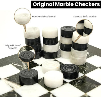 Marble Chess and Checker Pieces Set with Free Storage Box Collection (White Black)