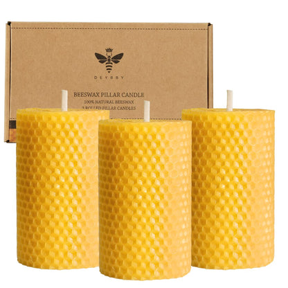 DEYBBY Beeswax Rolled Pillar Candles Set of 3 - Handmade Pure Organic Beeswax Candles for Housewarming Gift Home Decor (2×3.3 in)