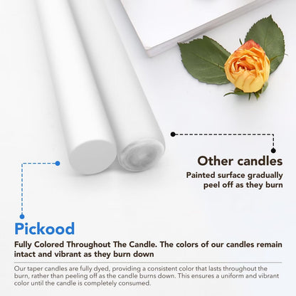 Pickood 10-Inch Tall Unscented Dripless Taper Candles Bulk 30 Pack - White Taper Candles Bulk, Perfect for Wedding, Dinner - Smokeless, 6-8 Hour Long Burning - Colored Candlesticks Bulk - White