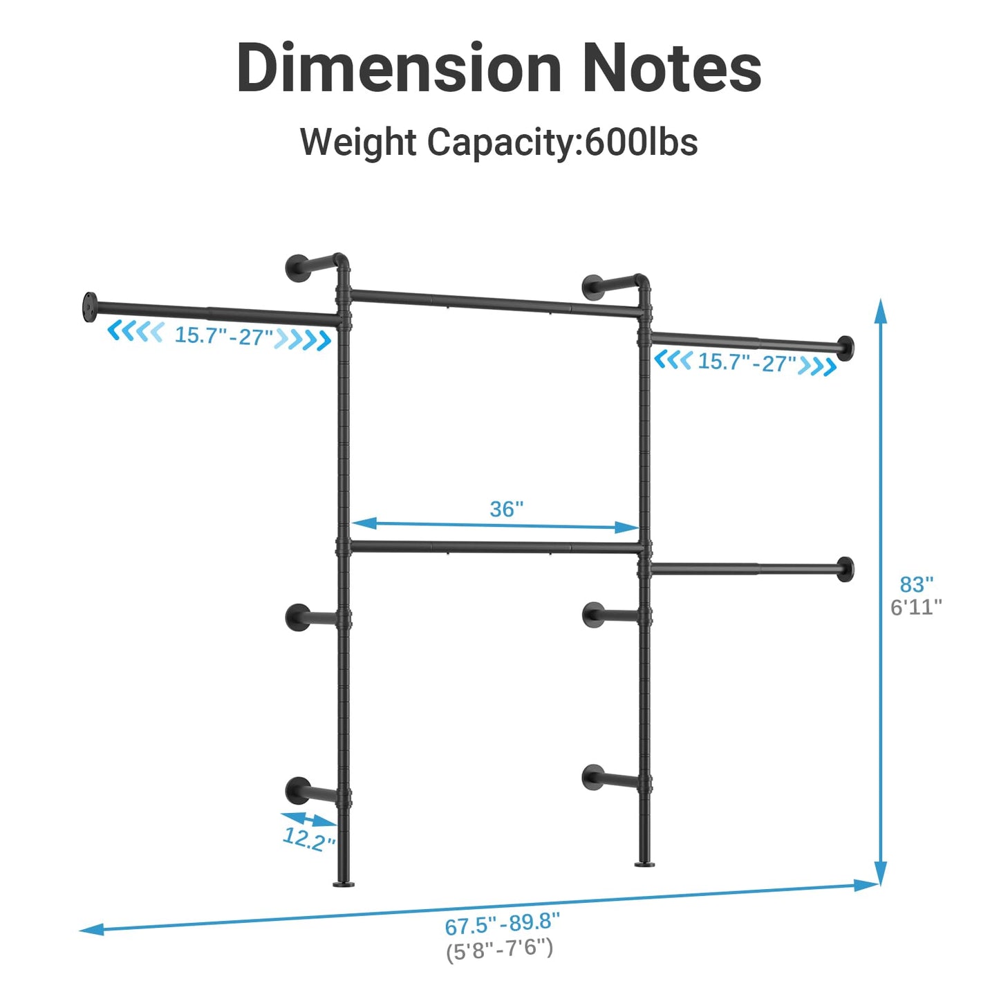 Timate P3 Wall Mounted Closet Organizer System with 5 Hanging Rods, Adjustable 5'8"–7'6", Heavy-Duty Modular Garment Rack, Space-Saving Closet Solution for Walk-in Closet, Bedroom & Small Spaces