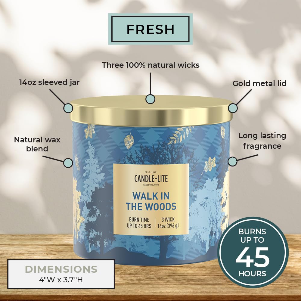 Candle-lite Fall Scented Candles, Fresh Greens with Rosewood and Cedarwood, 14 oz 3-Wick Jar Candle, Proudly Poured in The USA, Autumn Home Decor, 45 Hours of Burn Time, Ideal Gift for Men and Women