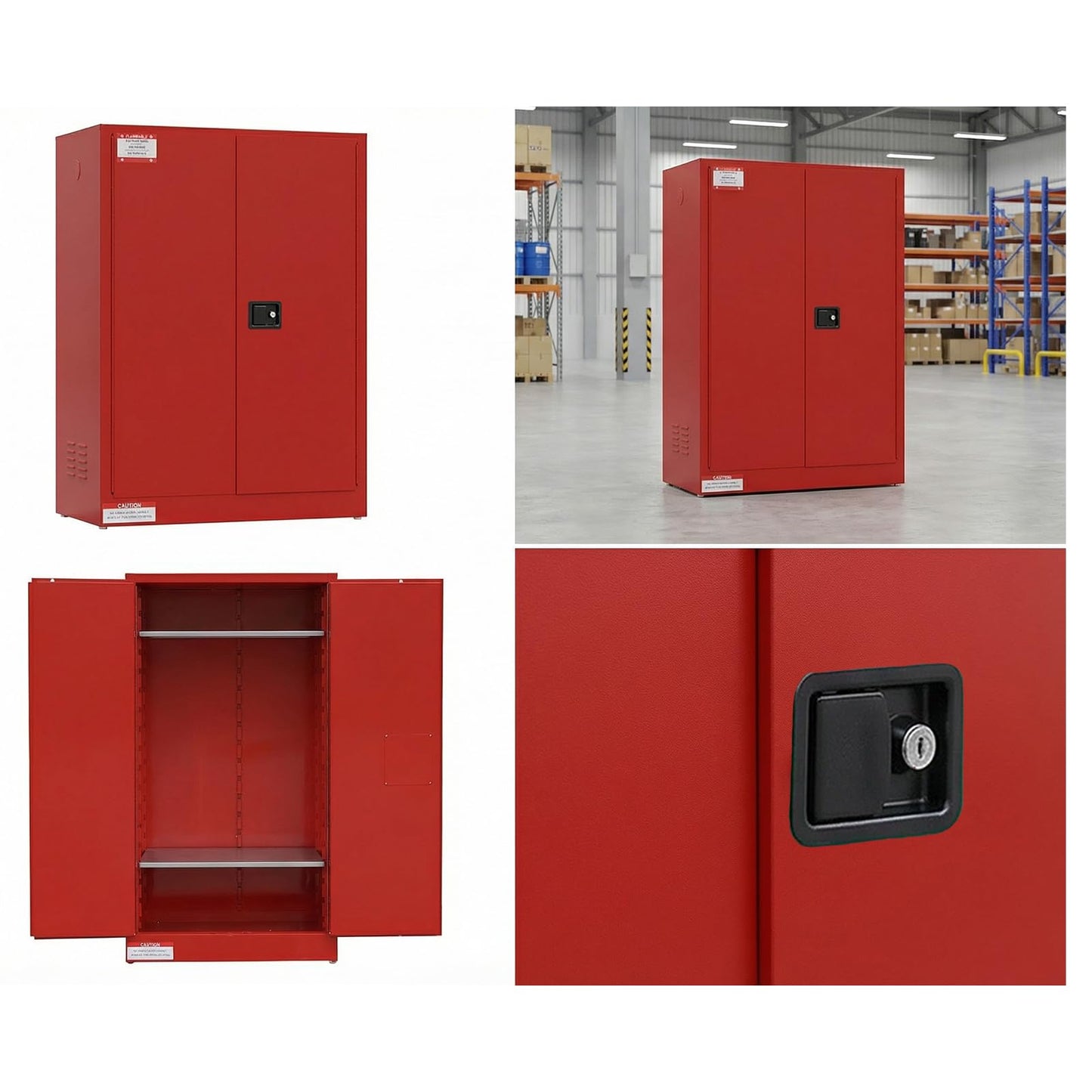 45 Gallon Flammable Safety Cabinet, Industrial Yellow Steel Storage for Flammable Liquids, 2 Adjustable Shelves, Double-Wall Fireproof Cabinet with Manual Close Doors & Vents - Red