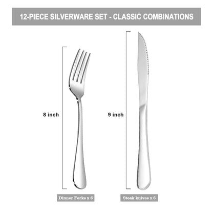 SANTUO 12 Pcs Silverware Set with 6 Steak Knives and 6 Dinner Forks,Flatware Set with Top Food Grade Stainless Steel,Tableware Cutlery Set For Home Restaurant Hotel, Mirror Finish, Dishwasher Safe