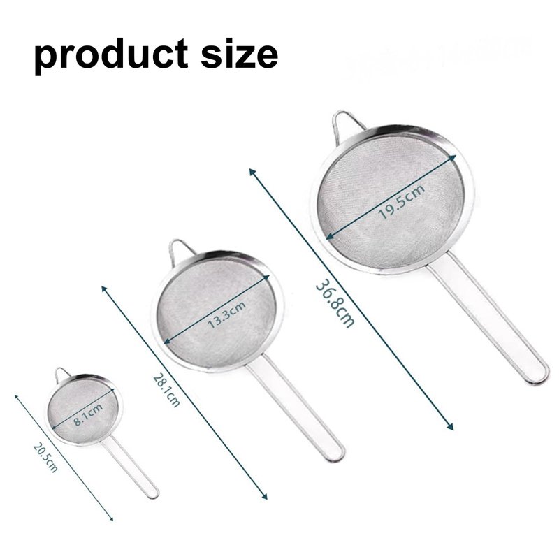 3Pcs Stainless Steel Fine Mesh Strainer Set (Small/Medium/Large) – Metal Sieve Sifter with Handle, Ideal for Rice/Juice/Quinoa/Flour, Kitchen Baking & Straining Tools