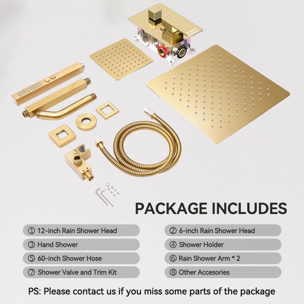 Brushed Gold Shower System Shower Faucet Set, STARBATH 6"+12" Ceiling Mount Rain Shower Head and Handheld Spray for Two Person, Shower Faucet Set with Diverter Valve and Trim Kit Complete