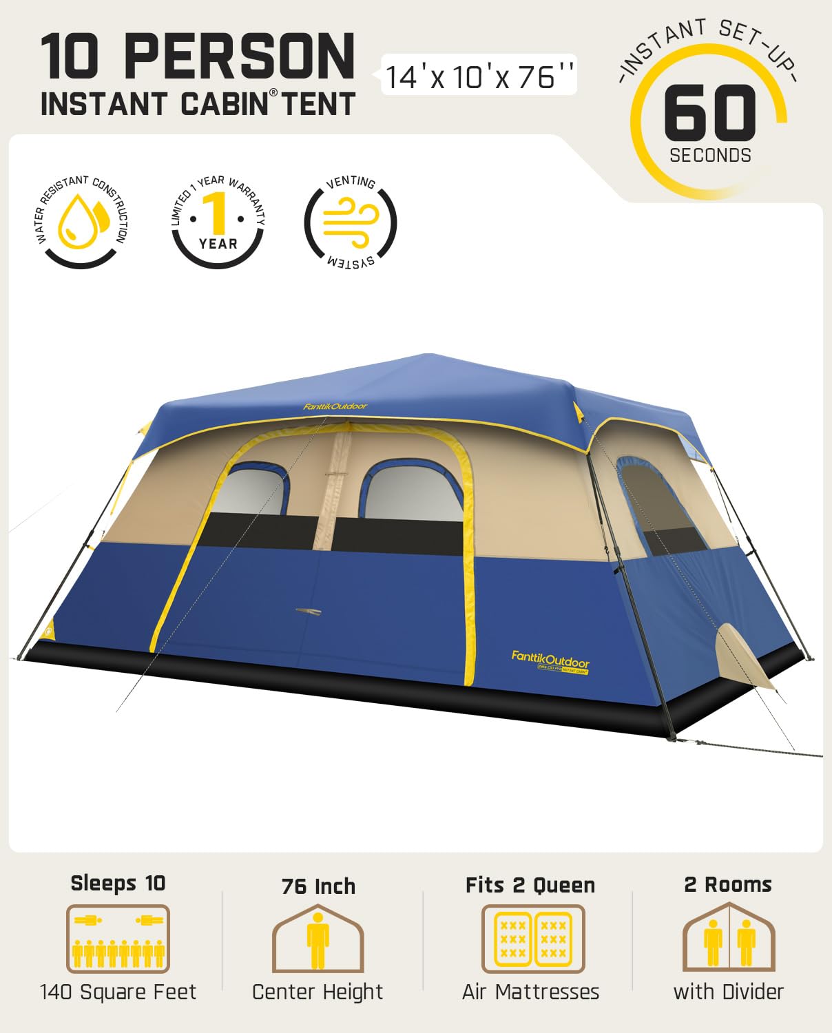 FanttikOutdoor Zeta C10 Pro Camping Tent 10 Person Instant Cabin Tent Setup in 60 Seconds with Rainfly & Windproof Portable with Carry Bag for Family Camping & Hiking, Upgraded Ventilation, Navy Blue