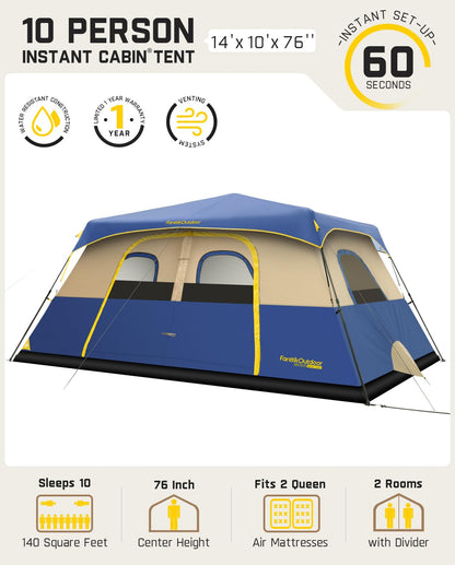 FanttikOutdoor Zeta C10 Pro Camping Tent 10 Person Instant Cabin Tent Setup in 60 Seconds with Rainfly & Windproof Portable with Carry Bag for Family Camping & Hiking, Upgraded Ventilation, Navy Blue