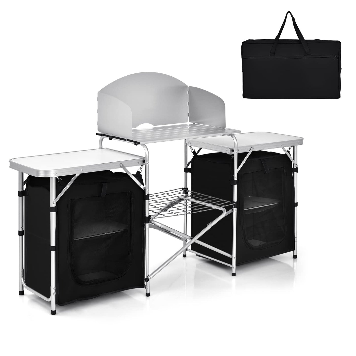GYMAX Folding Camping Table, Portable Kitchen Table with 2 Zipper Organizer Shelf & Wind Screen, Foldable Cooking Table for Camping Hiking Picnic BBQ (Black)
