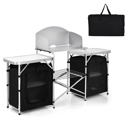 GYMAX Folding Camping Table, Portable Kitchen Table with 2 Zipper Organizer Shelf & Wind Screen, Foldable Cooking Table for Camping Hiking Picnic BBQ (Black)