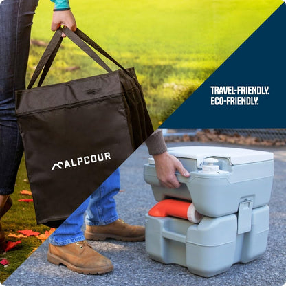Alpcour Portable Toilet – Compact Indoor & Outdoor Commode w/Travel Bag for Camping, RV, Boat – Piston Pump Flush, 6 Gallon Waste Tank, Built-In Pour Spout & Washing Sprayer for Easy Cleaning
