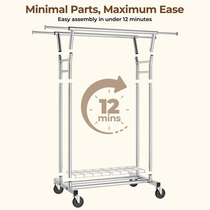 HYSEYY Heavy Duty Clothes Rack, Rolling Clothing Rack for Hanging Clothes with Shelves Load 700LBS,Portable Garment Wardrobe Closet Rack with Wheels for Bedroom,Laundry Room,Retail Store,Silver