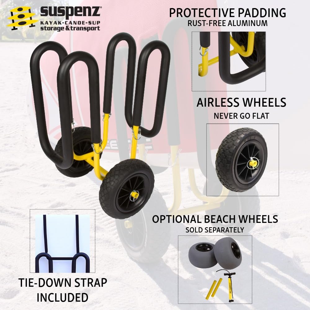 Suspenz Stand Up Paddle Board & Surfboard Transport Cart with Airless Wheels, Single-Up SUP Carrier Trolley, Yellow (22-9911)