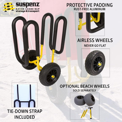 Suspenz Stand Up Paddle Board & Surfboard Transport Cart with Airless Wheels, Single-Up SUP Carrier Trolley, Yellow (22-9911)