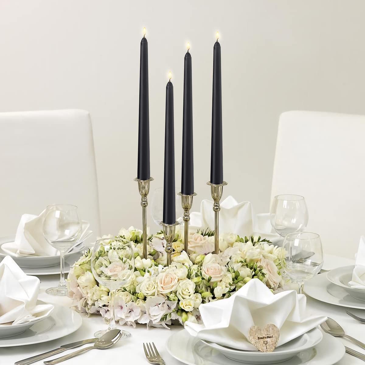 Set of 12 Black Taper Candles, 10 Inch Unscented Dripless Candlesticks - 8 Hours Long Burning for Home Decor, Halloween, Wedding, Parties and Special Occasions