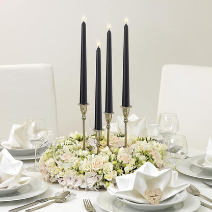 Set of 12 Black Taper Candles, 10 Inch Unscented Dripless Candlesticks - 8 Hours Long Burning for Home Decor, Halloween, Wedding, Parties and Special Occasions