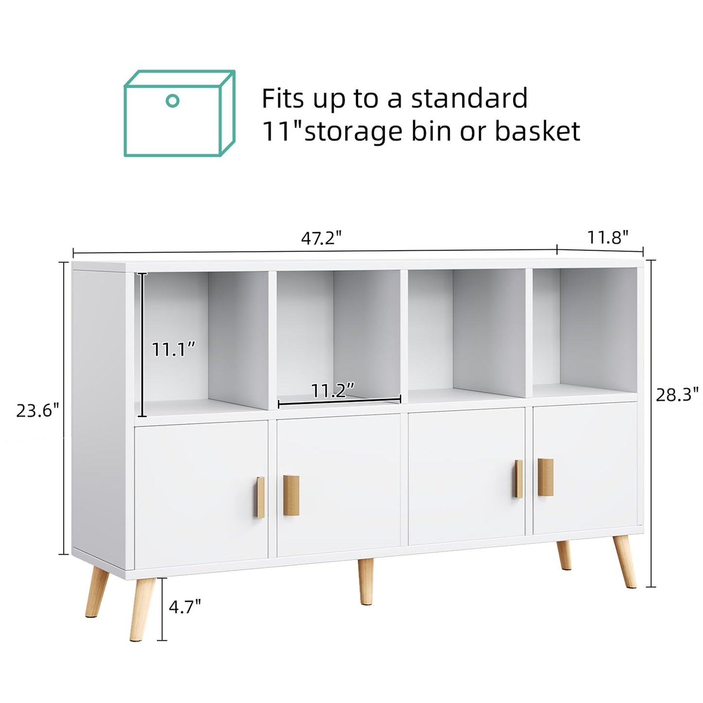 Flrrtenv 8-Cube Storage Organizer with Doors & 5 Solid Wood Legs, Mid-Century Modern Bookshelf with Seamless Top, Horizontal Cubby Toy Storage for Kids, Sideboard Media Console fits 11" Bins, White