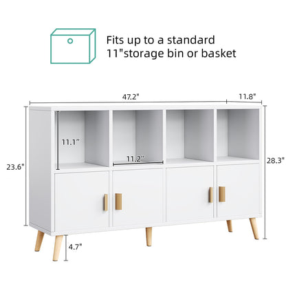 Flrrtenv 8-Cube Storage Organizer with Doors & 5 Solid Wood Legs, Mid-Century Modern Bookshelf with Seamless Top, Horizontal Cubby Toy Storage for Kids, Sideboard Media Console fits 11" Bins, White