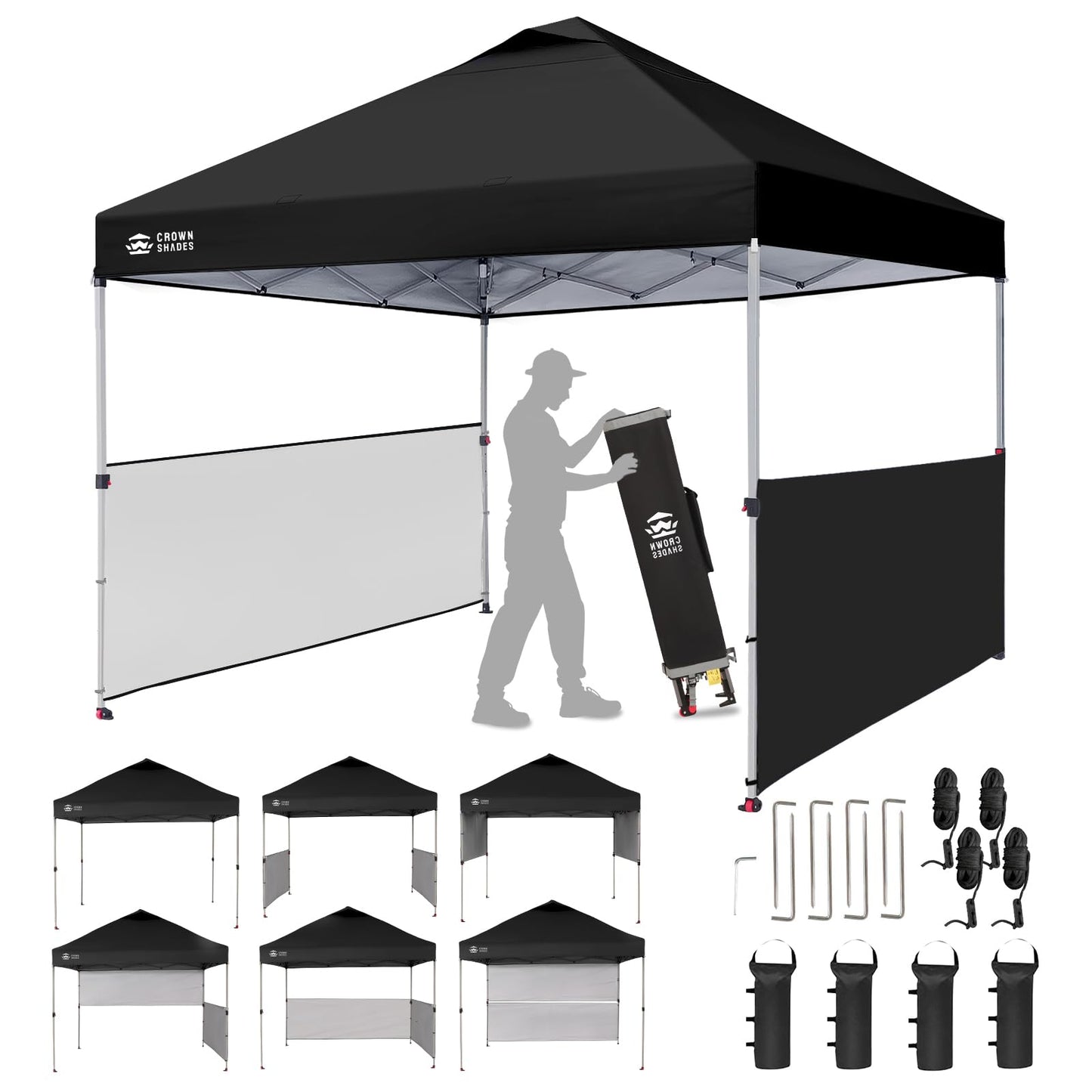 CROWN SHADES 10x10 Pop up Canopy Tent Instant Canopy with 150D Silver Coated Fabric Including 2 Half Sidewalls, 4 Ropes, 8 Stakes, 4 Weight Bags, STO 'N Go Bag, Black
