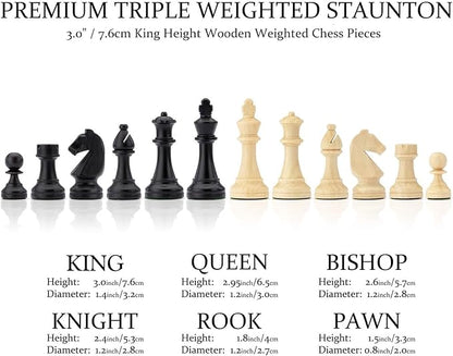 A&ampA Premium Folding Chess Board Game Set 15 Wooden Chess Board &amp 3 King Height Staunton Chess Pieces with 2 Extra Queens Portable Travel Chess Set (Natural Walnut 15 Inches)