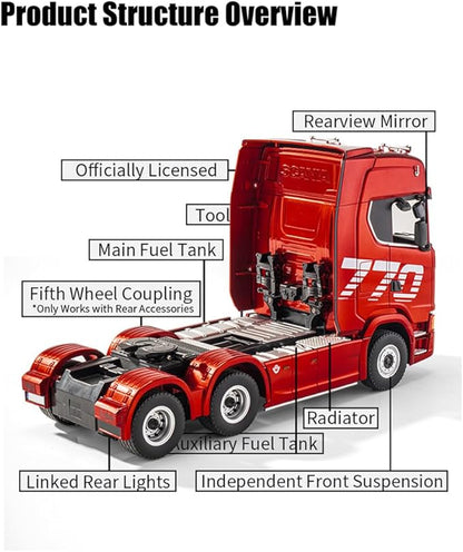 770S 1/18 RC Semi Trailer 6x4 Heavy Duty Tractor Truck with Rear Wheel Drive Adult Collectible Model (Red)
