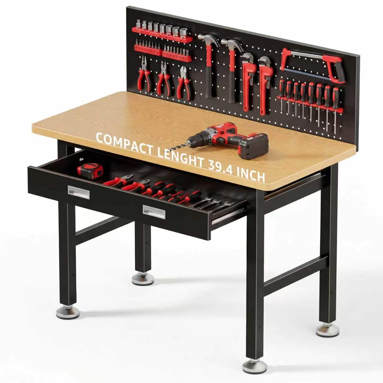 IGERI 39.4" Workbench with Drawer and Pegboard - Heavy Duty Steel Garage Work Table, Small Tool Bench for Workshop, Woodworking, Crafting & Repair