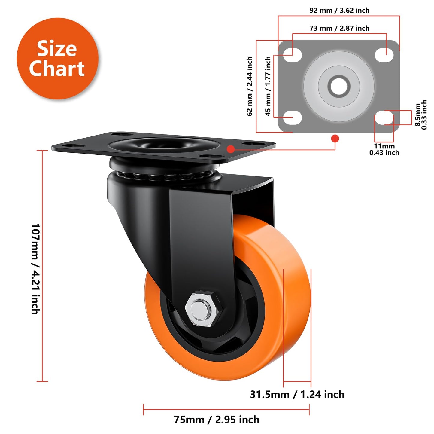 ASHGOOB 3 Inch Caster Wheels, Casters Set of 24 Heavy Duty, Orange Polyurethane (PU) Casters, Industrial Swivel Top Plate Castor Wheels for Workbench/Furniture/Cart (Pack of 24)