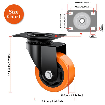ASHGOOB 3 Inch Caster Wheels, Casters Set of 24 Heavy Duty, Orange Polyurethane (PU) Casters, Industrial Swivel Top Plate Castor Wheels for Workbench/Furniture/Cart (Pack of 24)